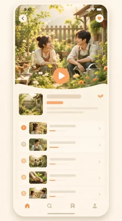 赤果短剧下载 APP - 播放页 赤果短剧下载 APP 播放页界面示意:社区花园剧集与选集列表